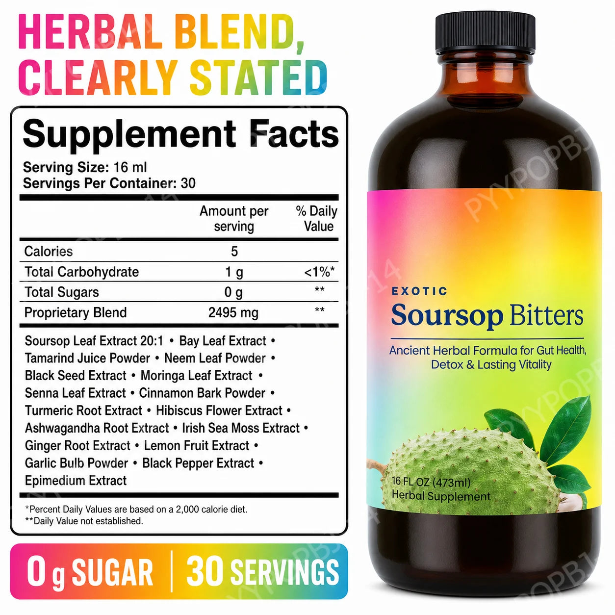 Exotic Soursop Bitters Herbal Wellness Supplement Plant Based Formula 16 Fl Oz (473ml)